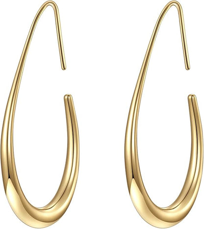 Lightweight Teardrop Hoop Earrings for Women - 14k Gold/White Gold Plated Large Oval Pull Through Hoop Earrings High Polished Statement Jewelry Gift for Women