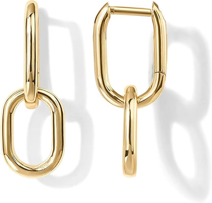 14K Gold Convertible Link Huggie Earrings for Women | Paperclip Link Statement Earrings | Cubic Zirconia Two-Toned Rope Drop Dangle Earrings