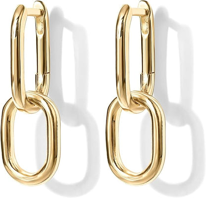 14K Gold Convertible Link Huggie Earrings for Women | Paperclip Link Statement Earrings | Cubic Zirconia Two-Toned Rope Drop Dangle Earrings