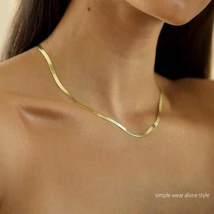 Herringbone Necklace for Women,Dainty Gold Necklace,14k Gold Plated Snake,Gold Chain Choker Necklaces,Simple Gold Layered Necklaces,Gold Jewelry Gift for Women