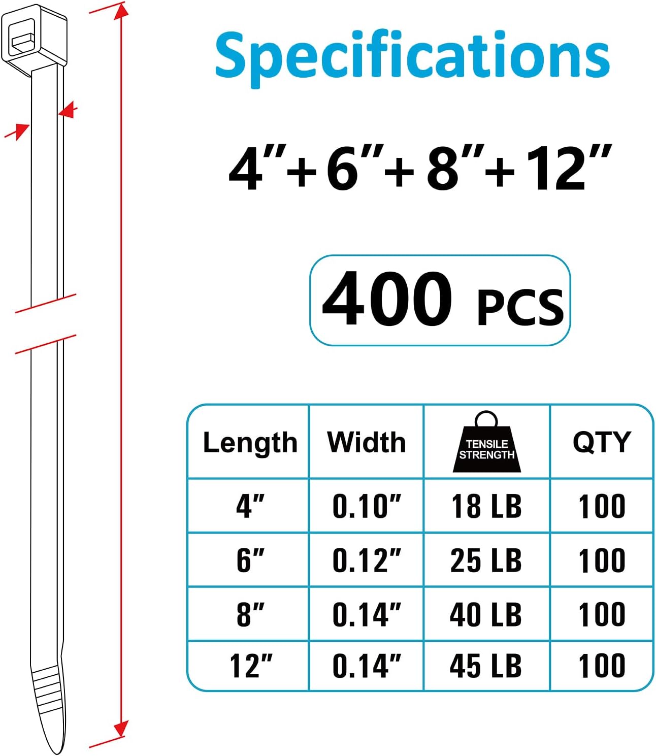 Zip Ties Assorted Sizes(4”+6”+8”+12”), 400 Pack, Black Cable Ties, UV Resistant Wire Ties