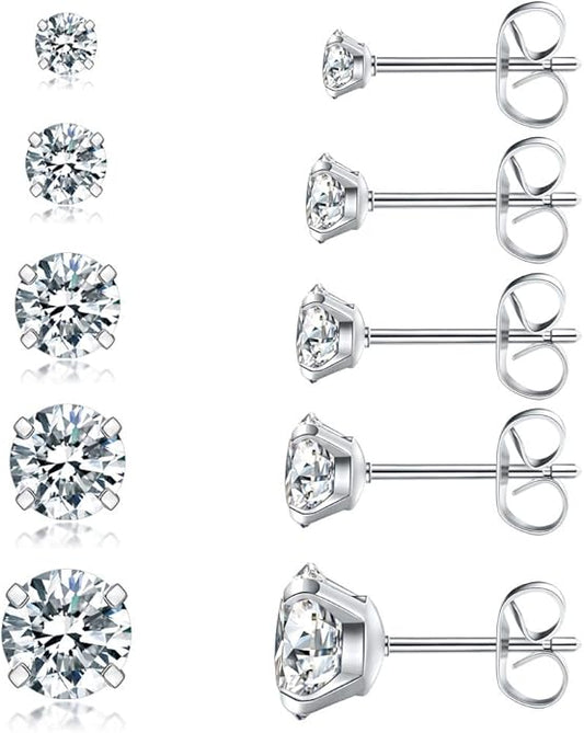 5 Pairs Stud Earrings Set, Hypoallergenic Cubic Zirconia 316L Earrings Stainless Steel CZ Earrings 3-8mm (Steel color)