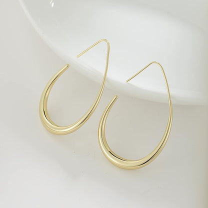 Lightweight Teardrop Hoop Earrings for Women - 14k Gold/White Gold Plated Large Oval Pull Through Hoop Earrings High Polished Statement Jewelry Gift for Women