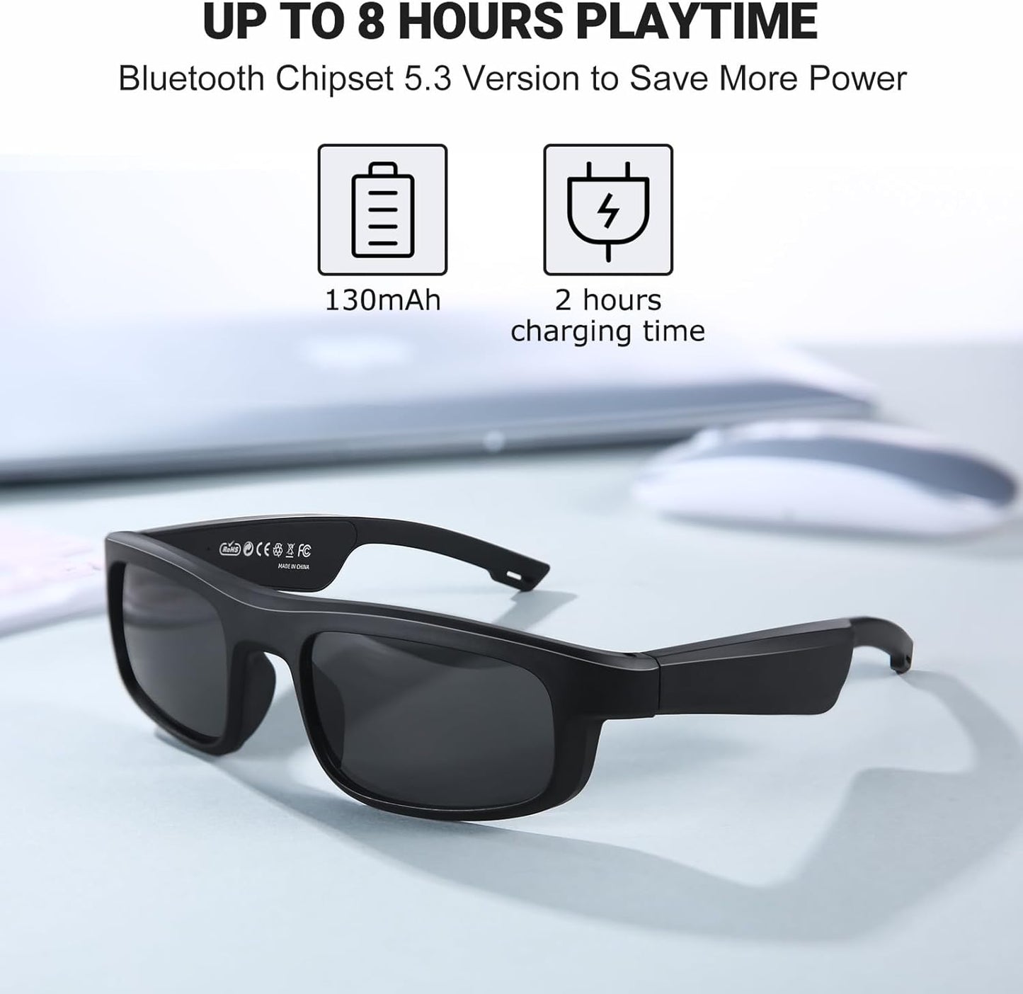 Smart Glasses, Polarized Bluetooth Sunglasses, Built-in Mic & Speakers, Voice Assistant, UV Protection Audio Sun Glass