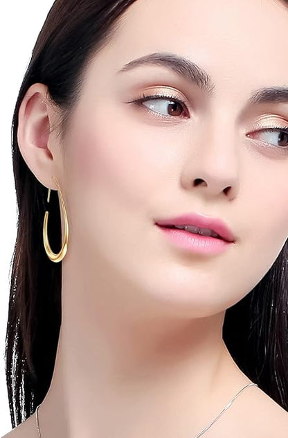 Lightweight Teardrop Hoop Earrings for Women - 14k Gold/White Gold Plated Large Oval Pull Through Hoop Earrings High Polished Statement Jewelry Gift for Women