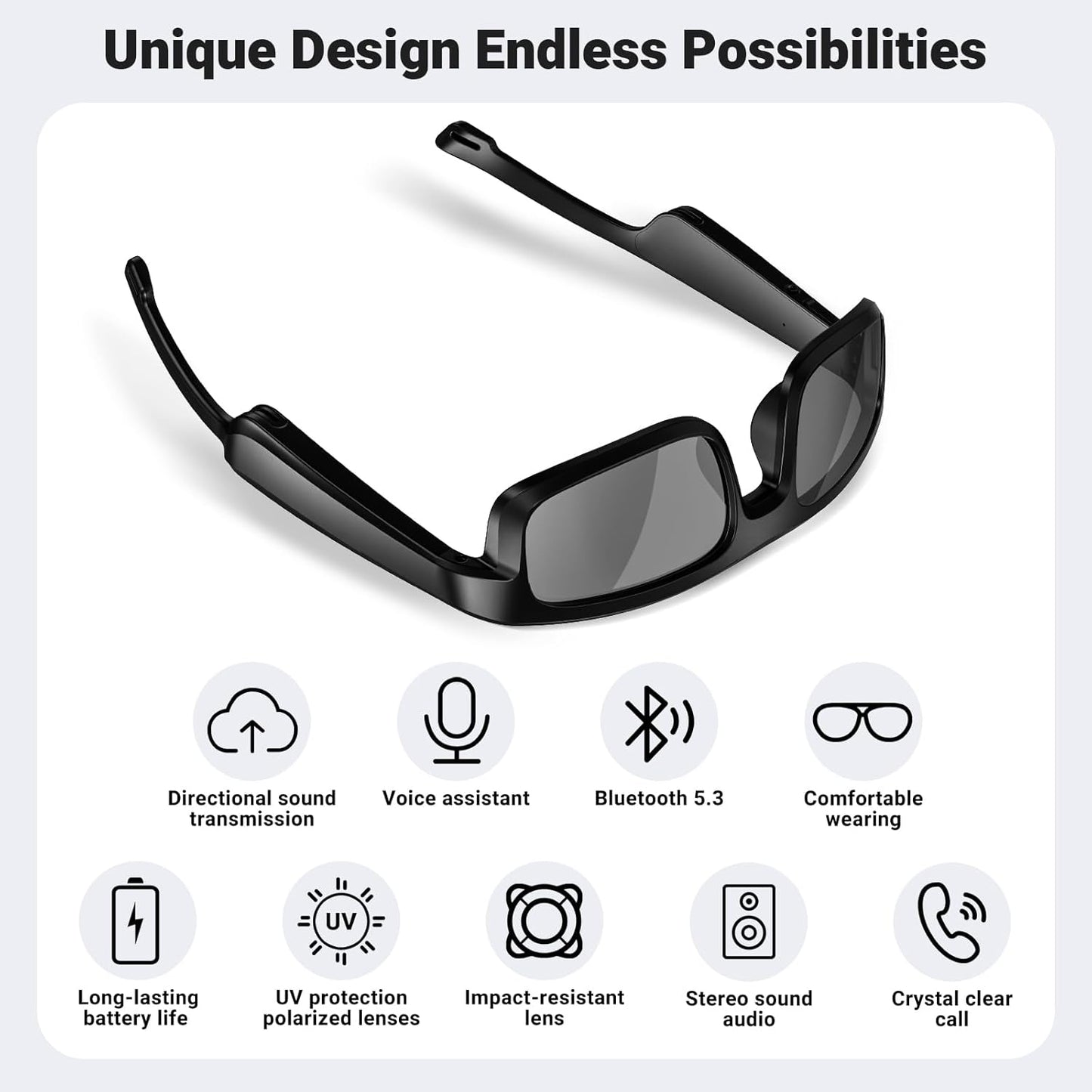 Smart Glasses, Polarized Bluetooth Sunglasses, Built-in Mic & Speakers, Voice Assistant, UV Protection Audio Sun Glass