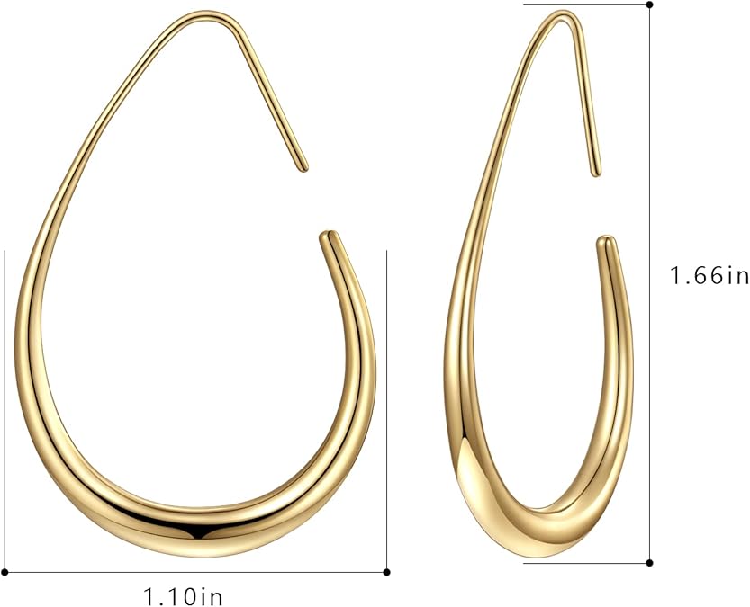 Lightweight Teardrop Hoop Earrings for Women - 14k Gold/White Gold Plated Large Oval Pull Through Hoop Earrings High Polished Statement Jewelry Gift for Women