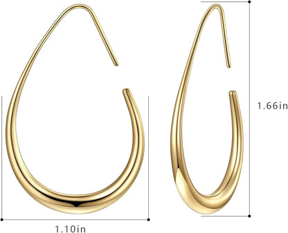 Lightweight Teardrop Hoop Earrings for Women - 14k Gold/White Gold Plated Large Oval Pull Through Hoop Earrings High Polished Statement Jewelry Gift for Women