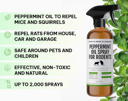 Peppermint Oil Spray for Rodents, Mouse, Squirrels (16oz, Pet Safe). Rodent Repellent Outdoor for Car Engines, Mice, Rat, Bat, House, Plants