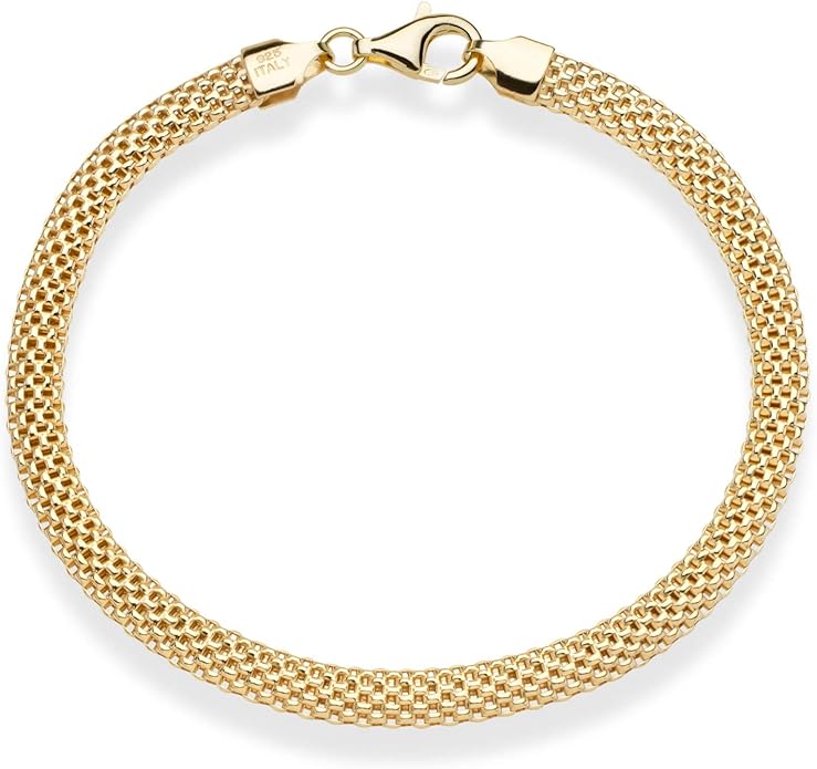 18K Gold Over Sterling Silver Italian 5mm Mesh Link Chain Bracelet for Women, 925 Made in Italy