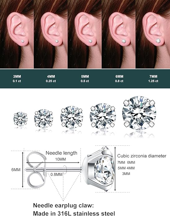 5 Pairs Stud Earrings Set, Hypoallergenic Cubic Zirconia 316L Earrings Stainless Steel CZ Earrings 3-8mm (Steel color)