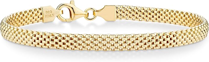 18K Gold Over Sterling Silver Italian 5mm Mesh Link Chain Bracelet for Women, 925 Made in Italy