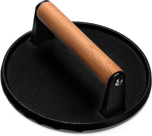 Burger Press, 7" Round Heavy-Duty Cast Iron Smash Bacon Press Meat Steak with Wood Handle for Griddle, Sandwich, Nonstick Pan