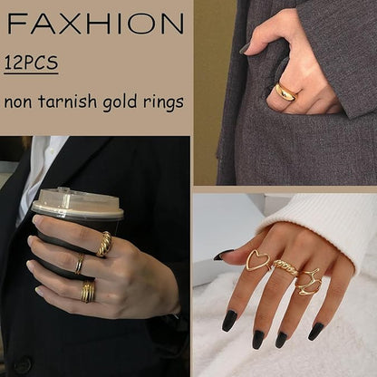 FAXHION 12PCS Gold Stackable Rings Set for Women, 18K Gold Plated Open Stacking Knuckle Ring, Adjustable Chunky Signet Rings for Gift