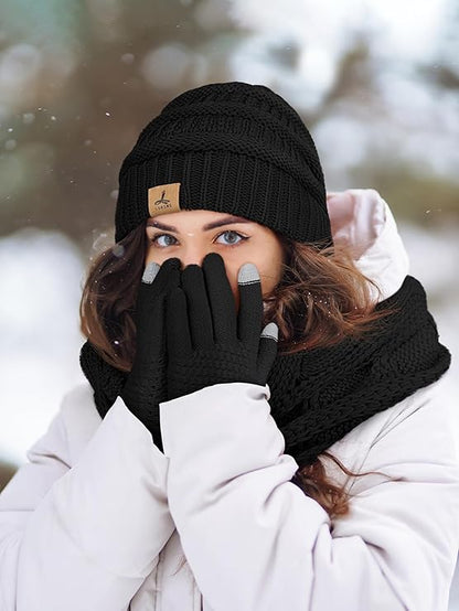 Winter Beanie Hat Scarf Gloves, Warm Fleece Knit Winter Hats Touch Screen Gloves Neck Scarf Set Winter Gifts for Unisex Adult