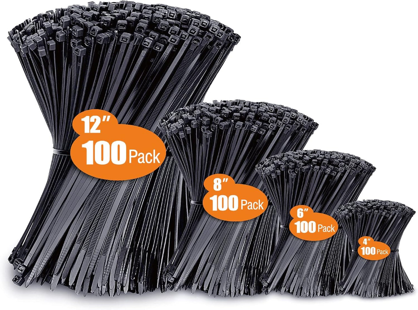 Zip Ties Assorted Sizes(4”+6”+8”+12”), 400 Pack, Black Cable Ties, UV Resistant Wire Ties