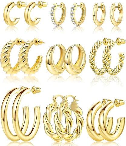 Adoyi 9 Pairs Gold Hoop Earrings Set for Women s Gold Twisted Huggie Hoops Earrings 14K 18K Gold Plated for Girls Gift Lightweight