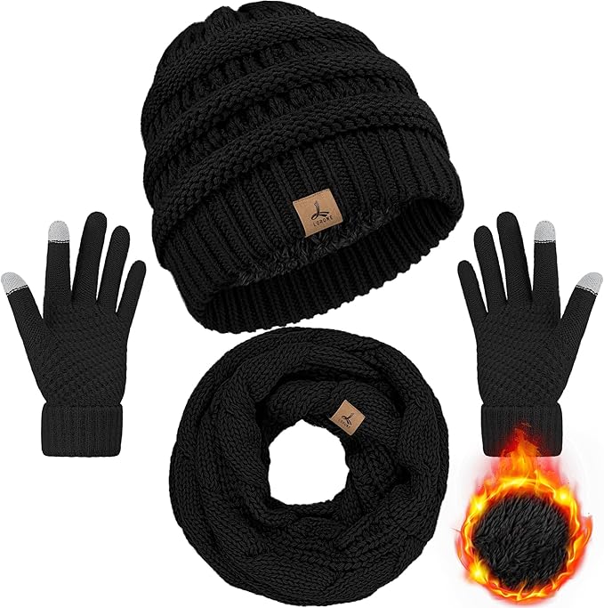 Winter Beanie Hat Scarf Gloves, Warm Fleece Knit Winter Hats Touch Screen Gloves Neck Scarf Set Winter Gifts for Unisex Adult