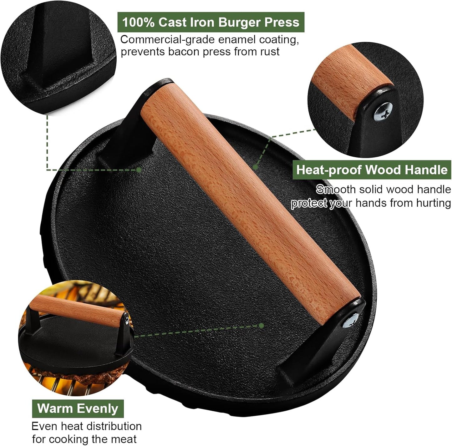 Burger Press, 7" Round Heavy-Duty Cast Iron Smash Bacon Press Meat Steak with Wood Handle for Griddle, Sandwich, Nonstick Pan