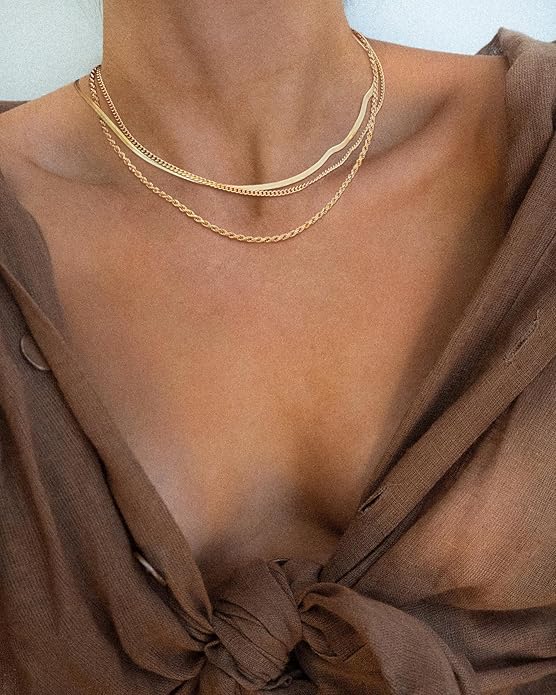 Herringbone Necklace for Women,Dainty Gold Necklace,14k Gold Plated Snake,Gold Chain Choker Necklaces,Simple Gold Layered Necklaces,Gold Jewelry Gift for Women