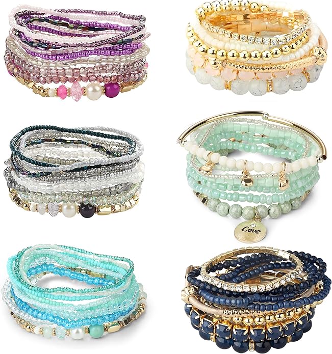 6 Sets Bohemian Stackable Bead Bracelets for Women Stretch Bohemian Style Stretch Multilayered Boho Bracelet Set